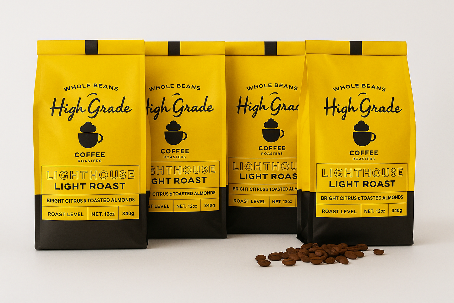 Bundle of 4 High Grade Light Roasted Coffee Whole Beans - 12oz